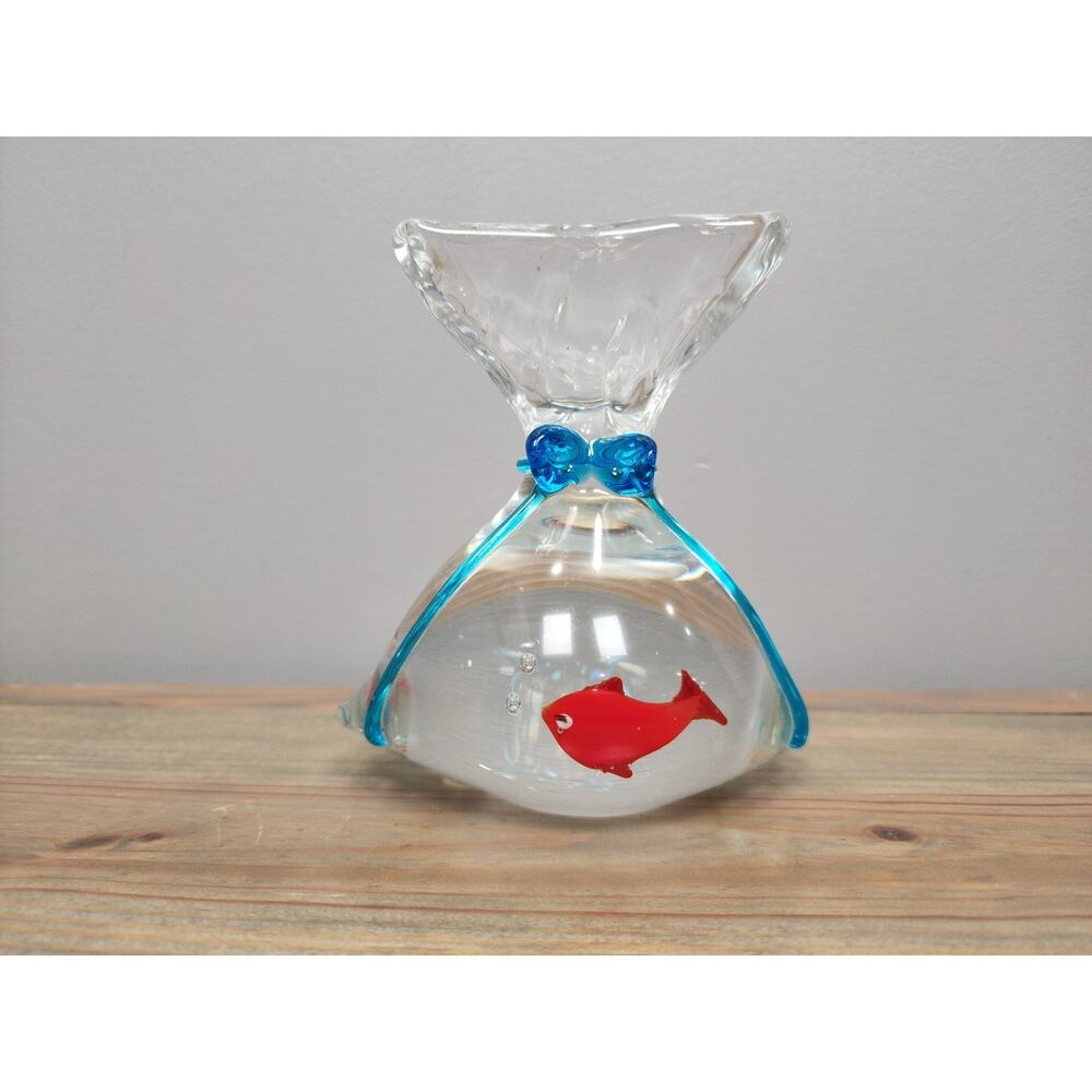 Glass Fish In A Bag Red Goldfish Aquarium Blue Ribbon Paperweight 5”